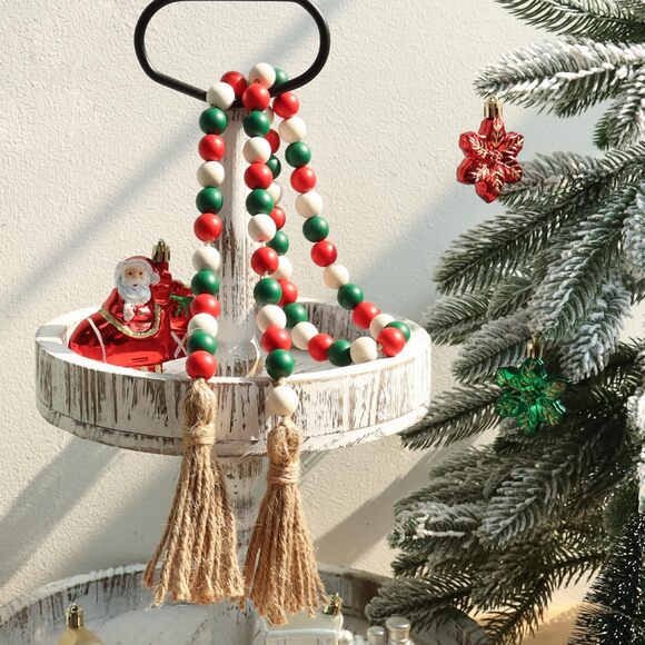 Christmas Wood Bead Garland 39in Farmhouse Tassel Decor Tree Wall Tray - Picture 2 of 6